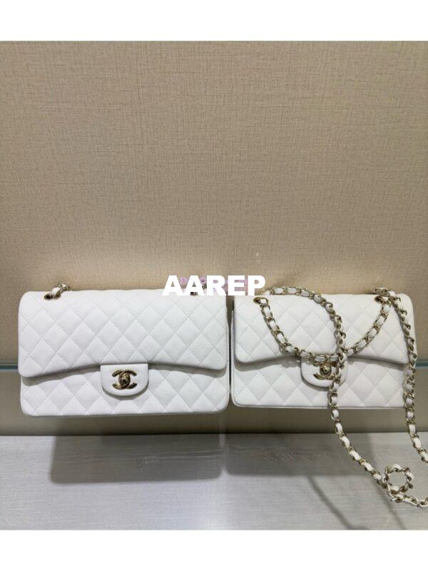 Replica Chanel Small Classic Double Flap Bag in Light Gold Hardware 23cm Quilted Grainy Caviar white 3