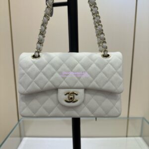 Replica Chanel Small Classic Double Flap Bag in Light Gold Hardware 23cm Quilted Grainy Caviar white 2