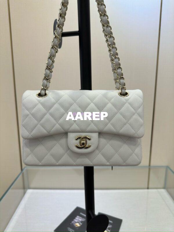 Replica Chanel Small Classic Double Flap Bag in Light Gold Hardware 23cm Quilted Grainy Caviar white 4