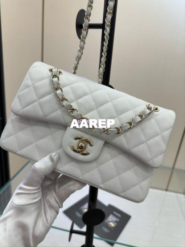 Replica Chanel Small Classic Double Flap Bag in Light Gold Hardware 23cm Quilted Grainy Caviar white 5