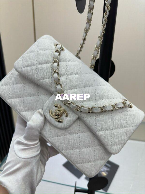 Replica Chanel Small Classic Double Flap Bag in Light Gold Hardware 23cm Quilted Grainy Caviar white 6