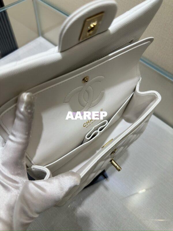 Replica Chanel Small Classic Double Flap Bag in Light Gold Hardware 23cm Quilted Grainy Caviar white 13