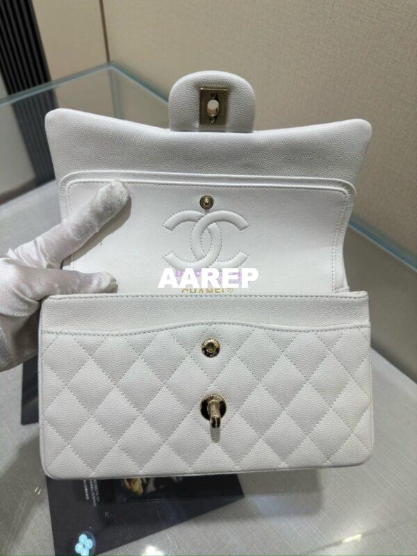 Replica Chanel Small Classic Double Flap Bag in Light Gold Hardware 23cm Quilted Grainy Caviar white 15