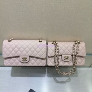 Replica Chanel Small Classic Double Flap Bag in Light Gold Hardware 23cm Quilted Grainy Caviar Pale Pink