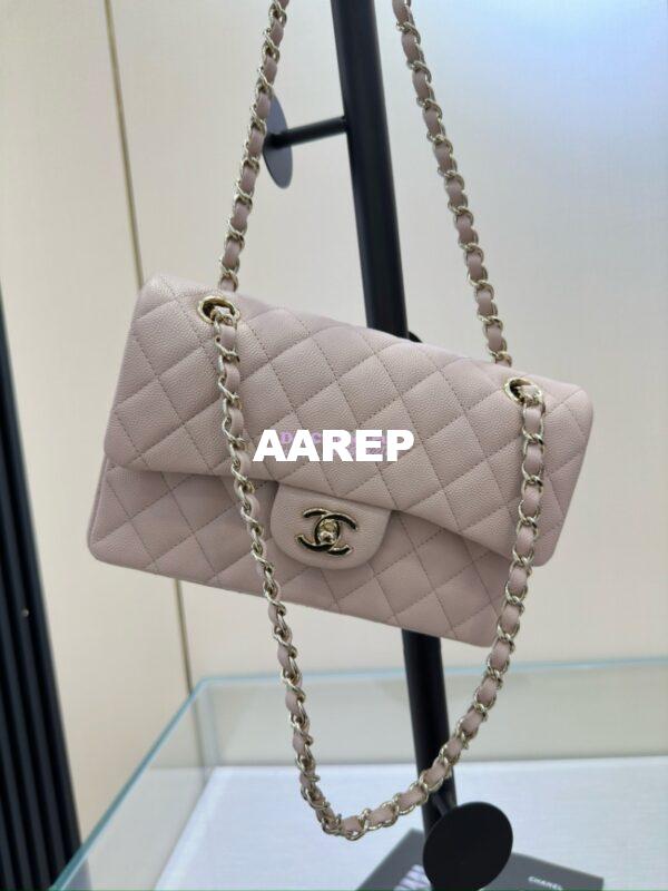 Replica Chanel Small Classic Double Flap Bag in Light Gold Hardware 23cm Quilted Grainy Caviar Pale Pink 4