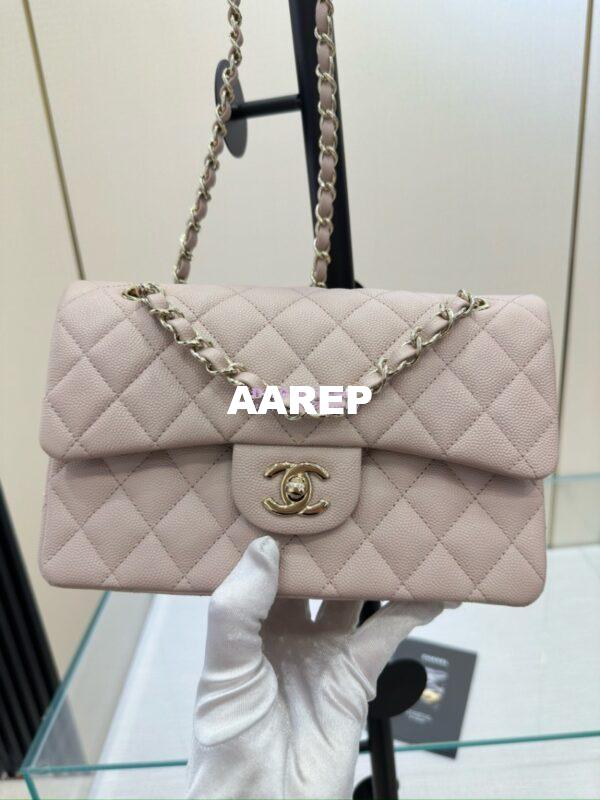 Replica Chanel Small Classic Double Flap Bag in Light Gold Hardware 23cm Quilted Grainy Caviar Pale Pink 5