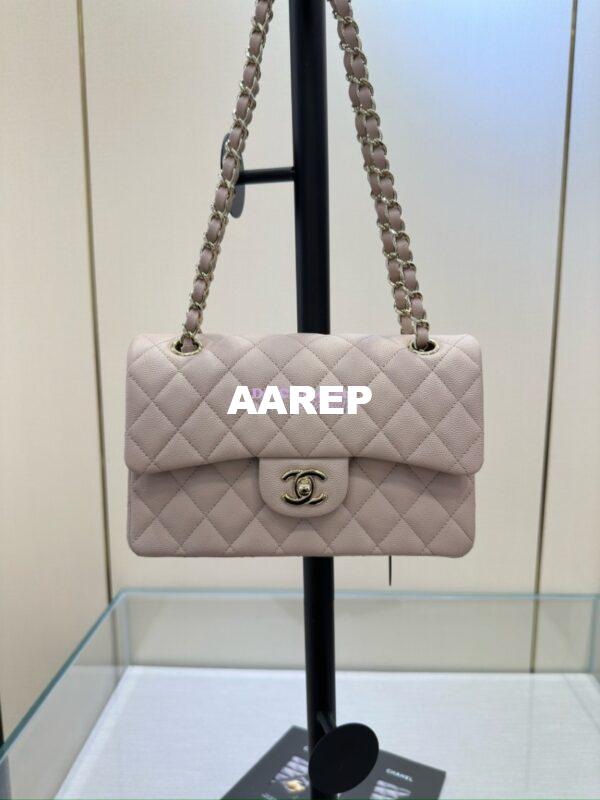 Replica Chanel Small Classic Double Flap Bag in Light Gold Hardware 23cm Quilted Grainy Caviar Pale Pink 6