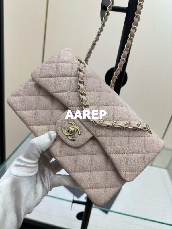 Replica Chanel Small Classic Double Flap Bag in Light Gold Hardware 23cm Quilted Grainy Caviar Pale Pink 7