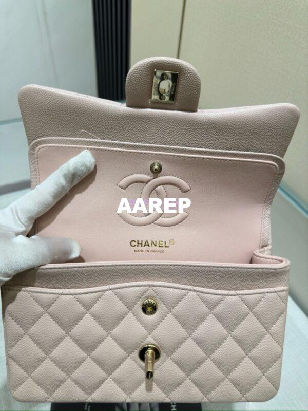 Replica Chanel Small Classic Double Flap Bag in Light Gold Hardware 23cm Quilted Grainy Caviar Pale Pink 13