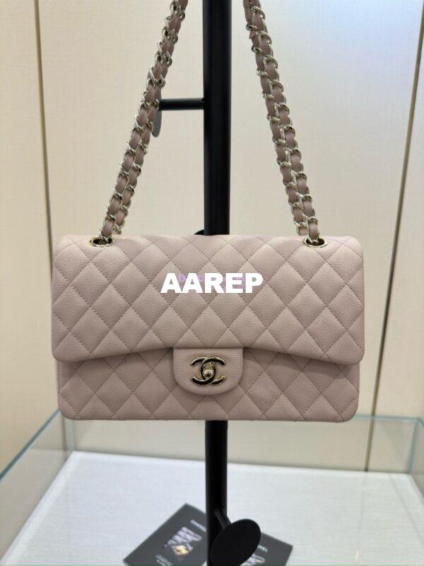 Replica Chanel CF 1112 Classic Flap Bag Qulited Grainy Caviar with Light Gold Hardware in Pale Pink 3