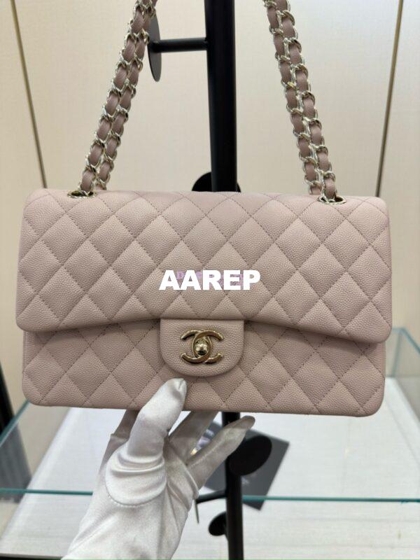 Replica Chanel CF 1112 Classic Flap Bag Qulited Grainy Caviar with Light Gold Hardware in Pale Pink 4