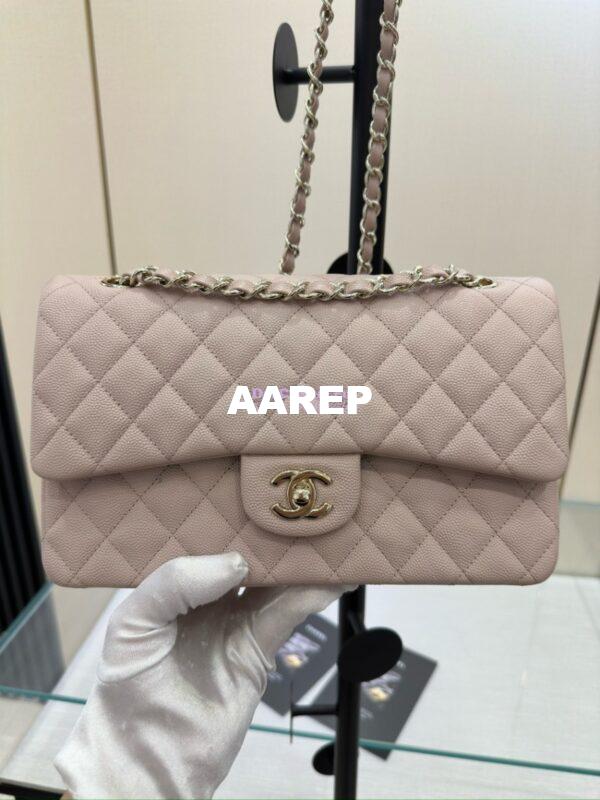 Replica Chanel CF 1112 Classic Flap Bag Qulited Grainy Caviar with Light Gold Hardware in Pale Pink 6