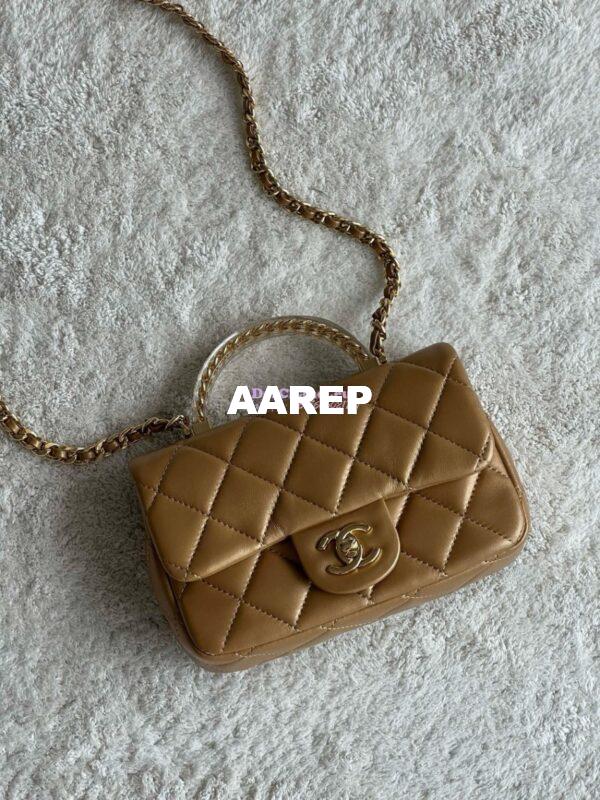 Replica Chanel Mini Flap Bag With Top Handle Lambskin, Resin AS4847 Metallic Gold 3