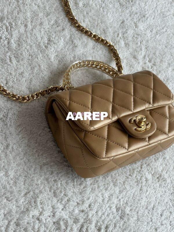 Replica Chanel Mini Flap Bag With Top Handle Lambskin, Resin AS4847 Metallic Gold 7
