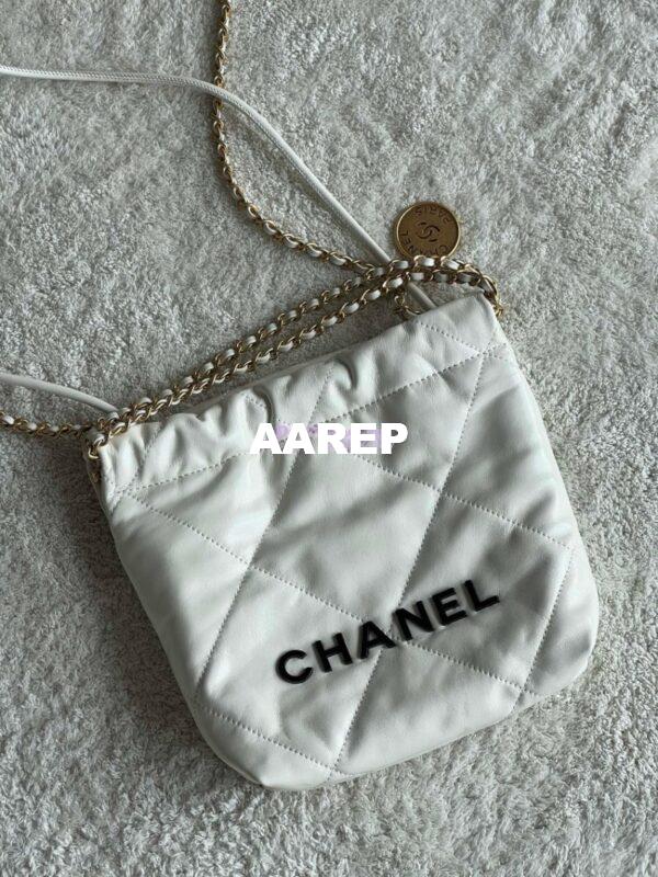Replica Chanel Mini 22 Handbag Shiny Calfskin & Gold Black Metal AS3980 White