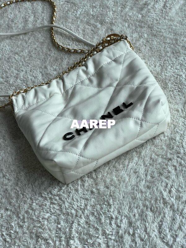 Replica Chanel Mini 22 Handbag Shiny Calfskin & Gold Black Metal AS3980 White 4