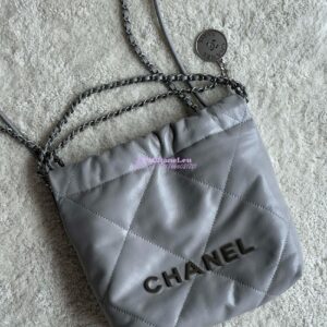 Replica Chanel Mini 22 Handbag Shiny Calfskin & Silver Metal AS3980 Light Grey