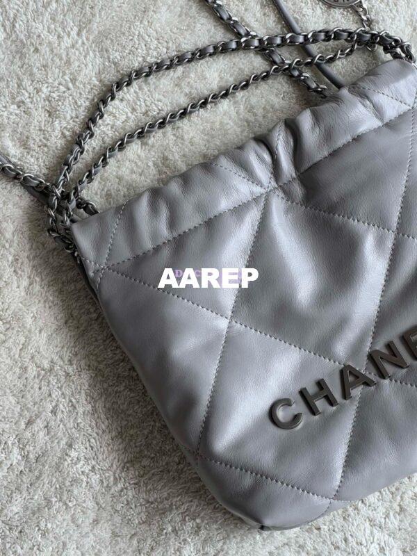 Replica Chanel Mini 22 Handbag Shiny Calfskin & Silver Metal AS3980 Light Grey 2