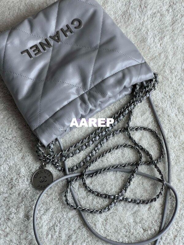 Replica Chanel Mini 22 Handbag Shiny Calfskin & Silver Metal AS3980 Light Grey 3