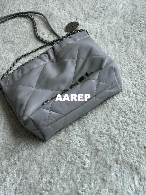 Replica Chanel Mini 22 Handbag Shiny Calfskin & Silver Metal AS3980 Light Grey 4