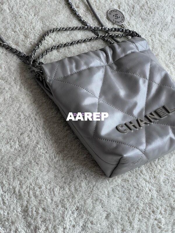 Replica Chanel Mini 22 Handbag Shiny Calfskin & Silver Metal AS3980 Light Grey 5