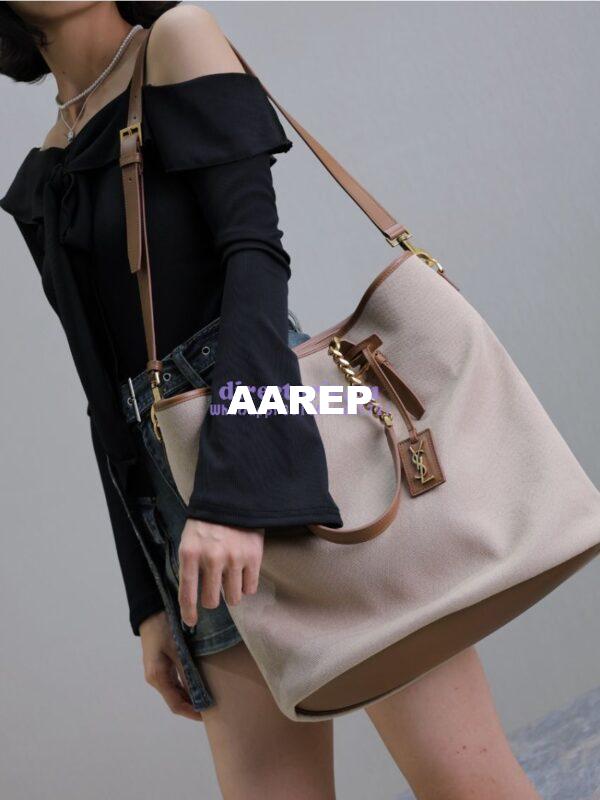 Replica YSL Saint Laurent In Canvas And Vegetable-tanned Leather North-South 781302 Desert Dust And Brick 18