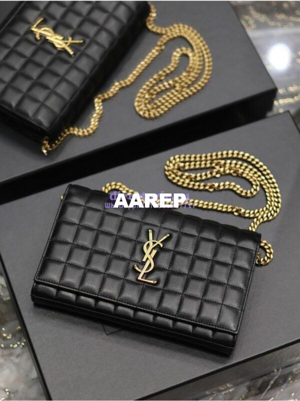 Replica YSL Saint Laurent Cassandre Matelassé Carré Chain Wallet In Lambskin 743364 Black 4