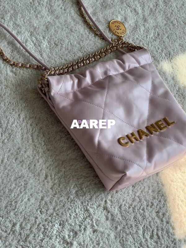 Replica Chanel Mini 22 Handbag Shiny Calfskin & Gold Metal AS3980 Light Pink 4