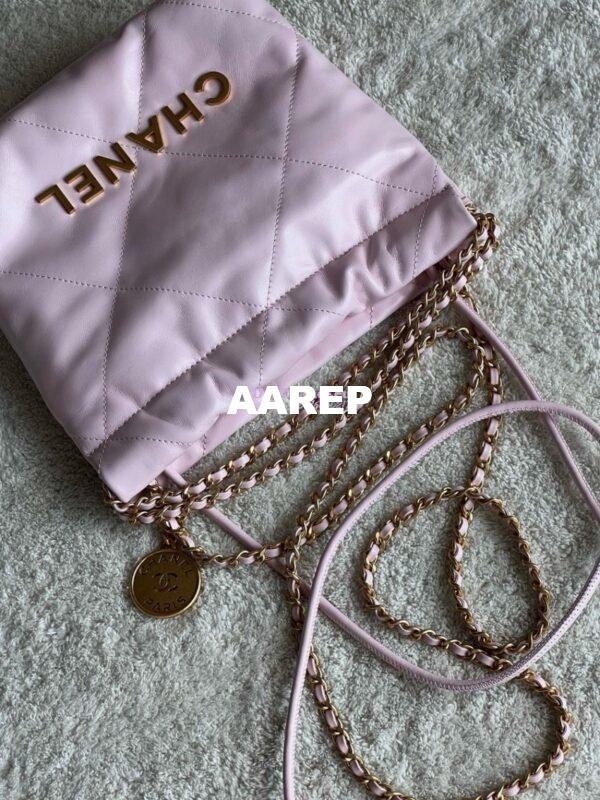 Replica Chanel Mini 22 Handbag Shiny Calfskin & Gold Metal AS3980 Light Pink 6