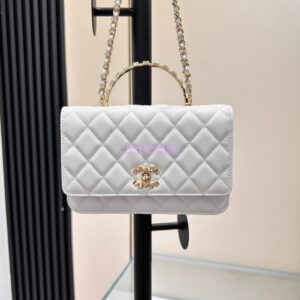 Replica Chanel Flap Phone Holder With Chain & Lambskin, Diamanté Handle WOC AP3575 White