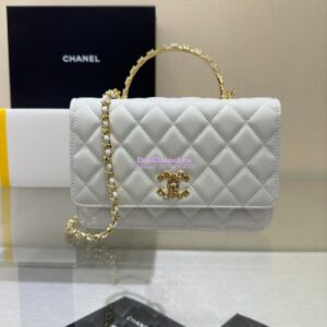 Replica Chanel Flap Phone Holder With Chain & Lambskin, Diamanté Handle WOC AP3575 White 2