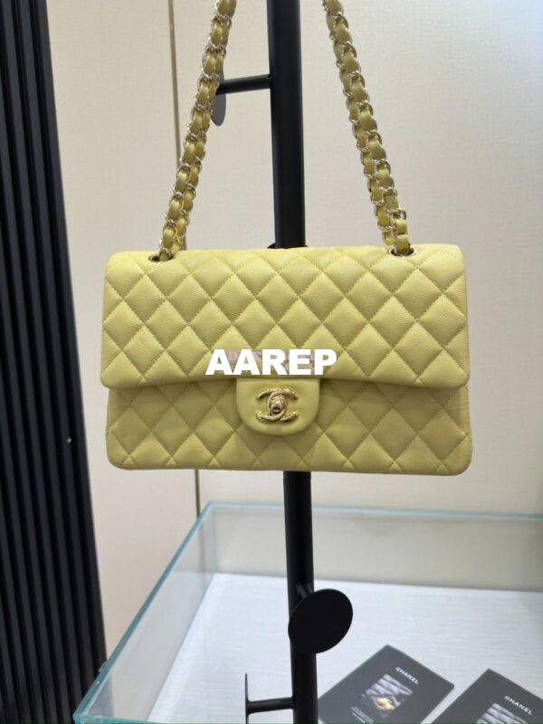 Replica Chanel CF 1112 Classic Flap Bag Qulited Grainy Caviar with Light Gold Hardware in Yellow 3
