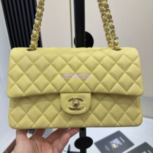 Replica Chanel CF 1112 Classic Flap Bag Qulited Grainy Caviar with Light Gold Hardware in Yellow 2