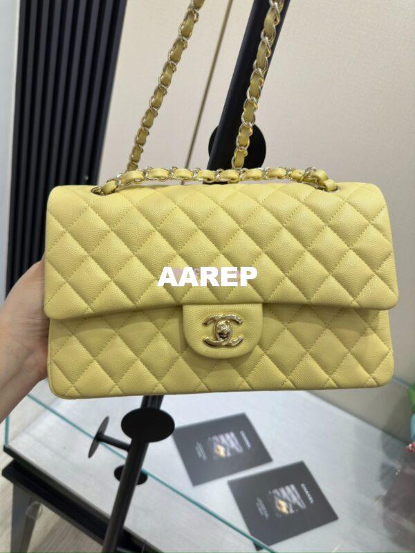 Replica Chanel CF 1112 Classic Flap Bag Qulited Grainy Caviar with Light Gold Hardware in Yellow 5
