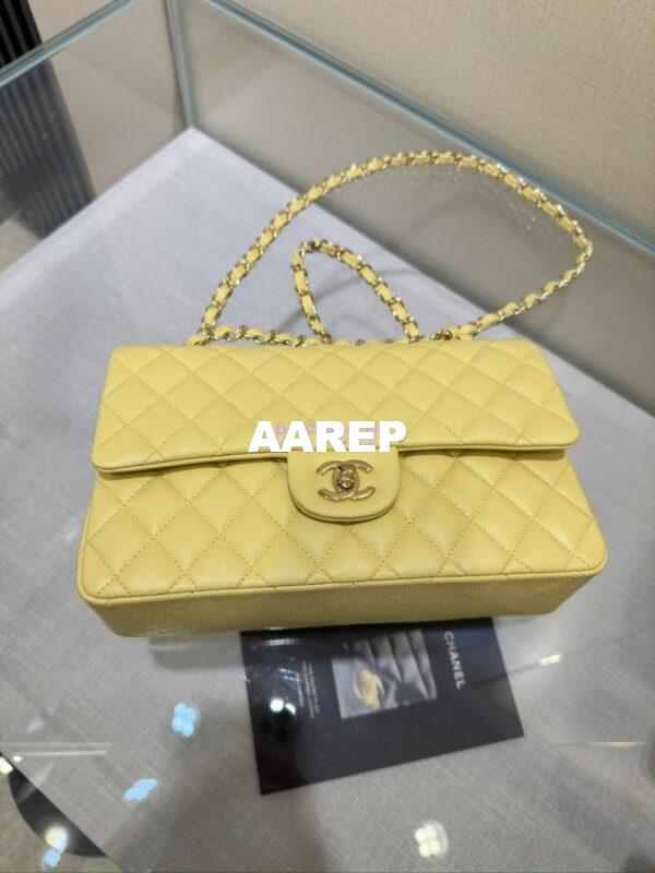 Replica Chanel CF 1112 Classic Flap Bag Qulited Grainy Caviar with Light Gold Hardware in Yellow 6