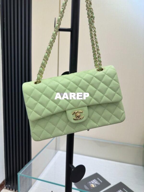 Replica Chanel CF 1112 Classic Flap Bag Qulited Grainy Caviar with Light Gold Hardware in Light Green 4