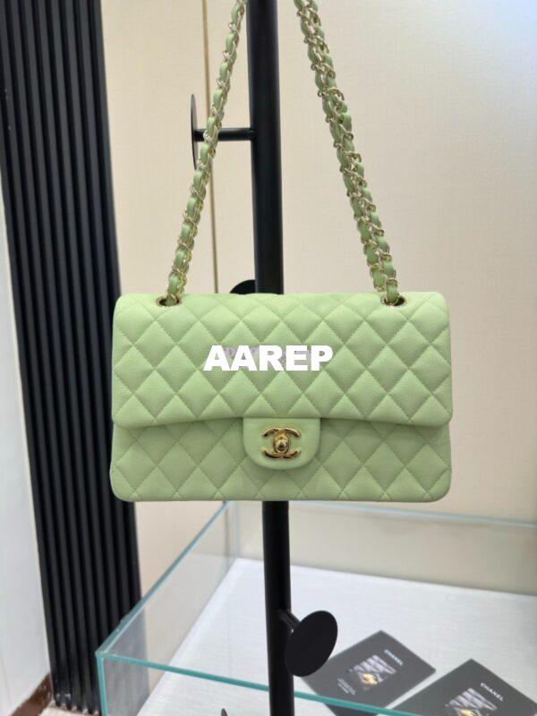 Replica Chanel CF 1112 Classic Flap Bag Qulited Grainy Caviar with Light Gold Hardware in Light Green 5