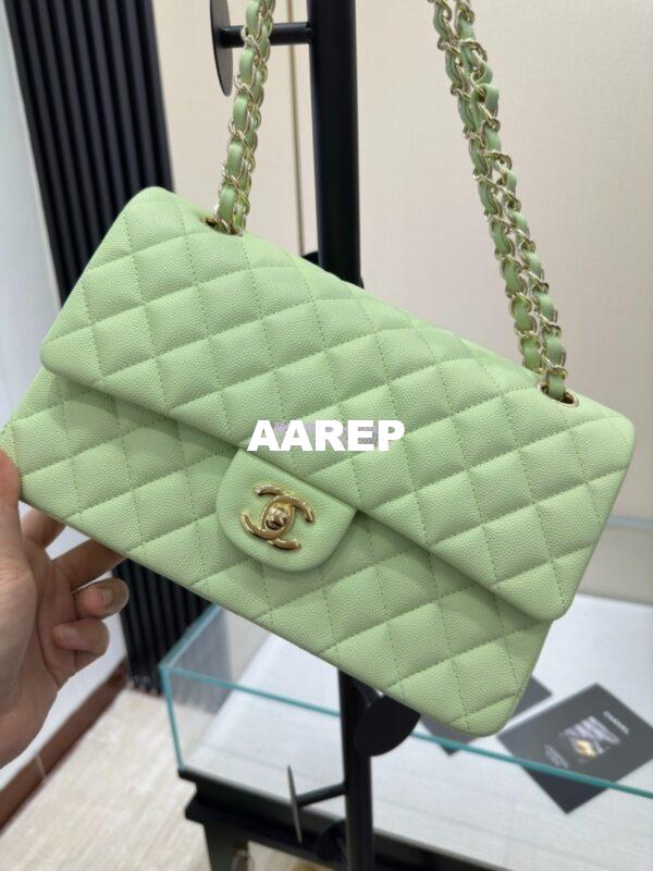 Replica Chanel CF 1112 Classic Flap Bag Qulited Grainy Caviar with Light Gold Hardware in Light Green 6