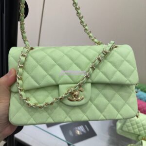 Replica Chanel Small Classic Double Flap Bag in Light Gold Hardware 23cm Quilted Caviar Light Green