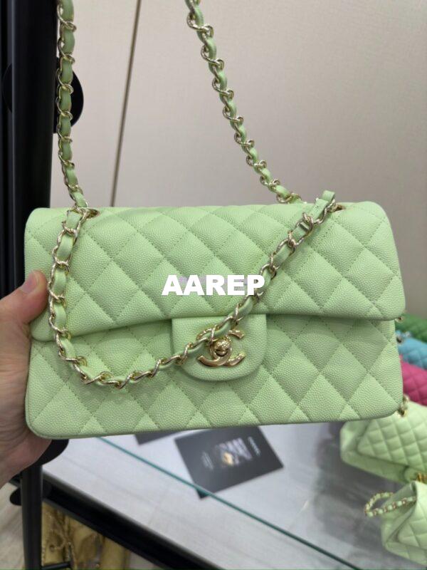 Replica Chanel Small Classic Double Flap Bag in Light Gold Hardware 23cm Quilted Caviar Light Green 3