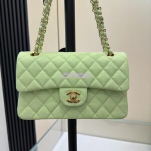 Replica Chanel Small Classic Double Flap Bag in Light Gold Hardware 23cm Quilted Caviar Light Green 2