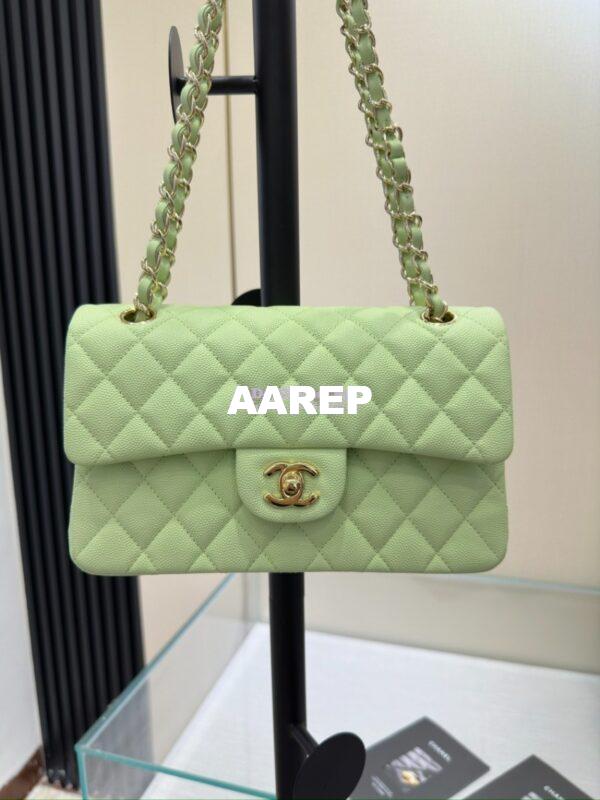 Replica Chanel Small Classic Double Flap Bag in Light Gold Hardware 23cm Quilted Caviar Light Green 4