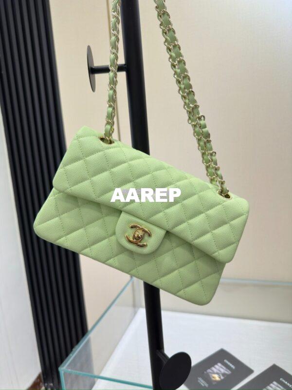 Replica Chanel Small Classic Double Flap Bag in Light Gold Hardware 23cm Quilted Caviar Light Green 5