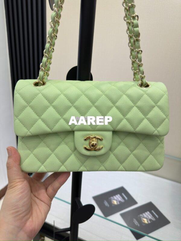 Replica Chanel Small Classic Double Flap Bag in Light Gold Hardware 23cm Quilted Caviar Light Green 6