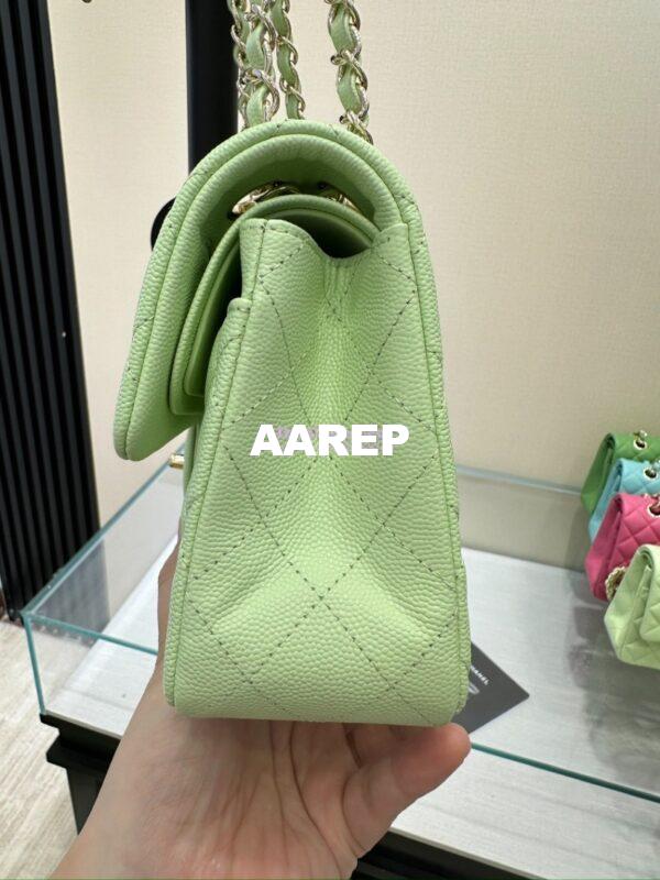 Replica Chanel Small Classic Double Flap Bag in Light Gold Hardware 23cm Quilted Caviar Light Green 7