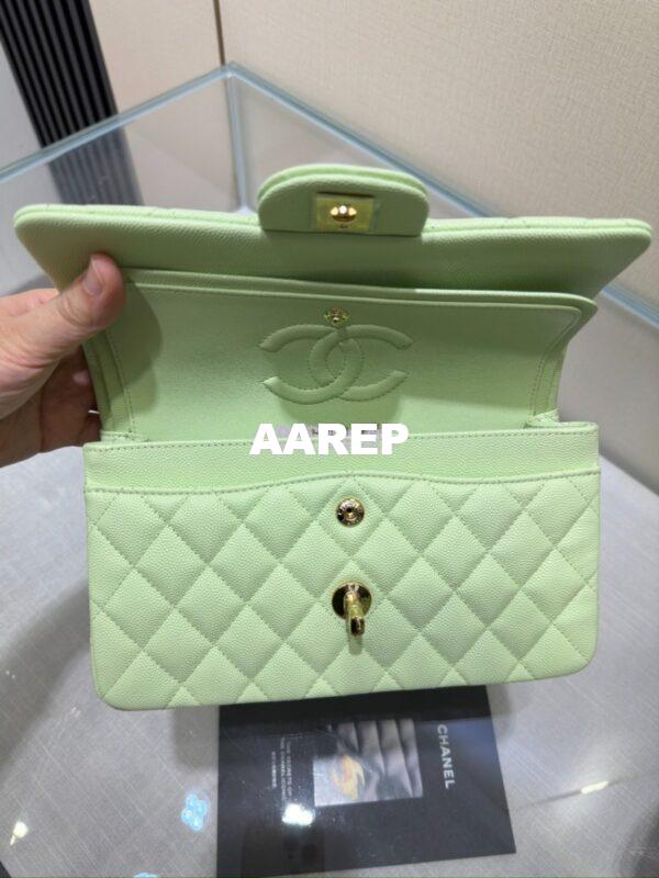 Replica Chanel Small Classic Double Flap Bag in Light Gold Hardware 23cm Quilted Caviar Light Green 8