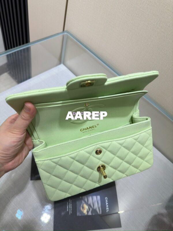 Replica Chanel Small Classic Double Flap Bag in Light Gold Hardware 23cm Quilted Caviar Light Green 10