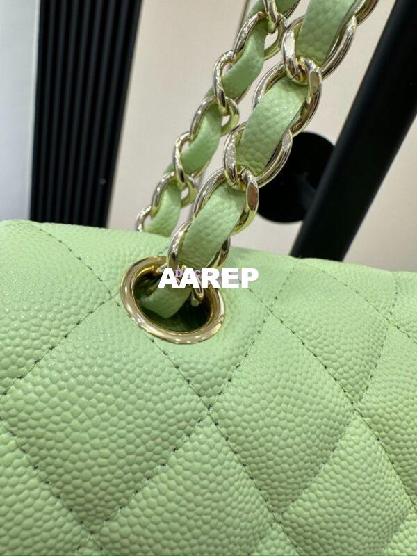 Replica Chanel Small Classic Double Flap Bag in Light Gold Hardware 23cm Quilted Caviar Light Green 11