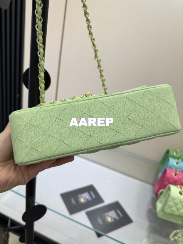 Replica Chanel Small Classic Double Flap Bag in Light Gold Hardware 23cm Quilted Caviar Light Green 14