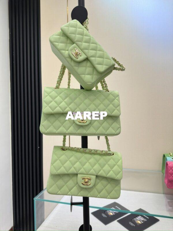 Replica Chanel Small Classic Flap CF Bag Quilted Caviar Shining Light Gold Hardware 20cm in Light Green 3
